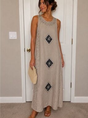 Rhea Costa Taupe Maxi Dress with Navy Blue Diamond Embroidery